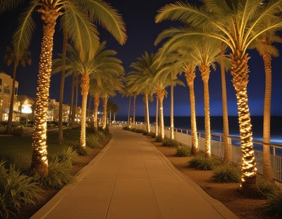 Palm tree lined walkway illuminated at night