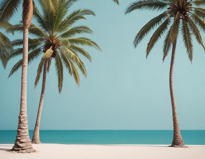 Palms swaying by the tranquil blue ocean on a sunny day