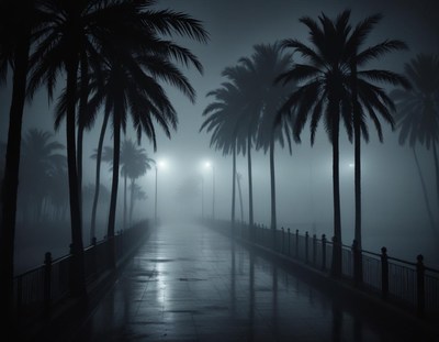 Foggy night walk along palm tree-lined path
