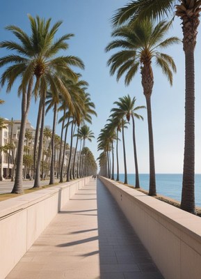 Smooth palm-lined walkway beside the ocean
