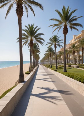 Scenic beachfront walkway lined with palm trees
