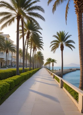 Beautiful palm-lined walkway by the ocean at sunrise