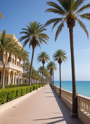 Enjoying a sunny coastal walkway lined with palm trees