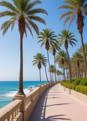 Beautiful palm tree lined walkway by the ocean