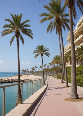 Palm-lined walkway along the waterfront under clear skies