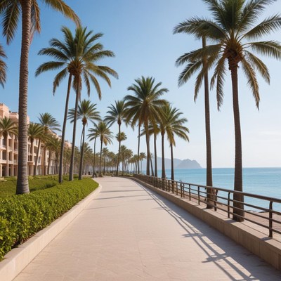 Relaxing walkway lined with palm trees by the ocean
