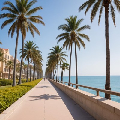 Palm tree lined walkway by the ocean in sunny weather
