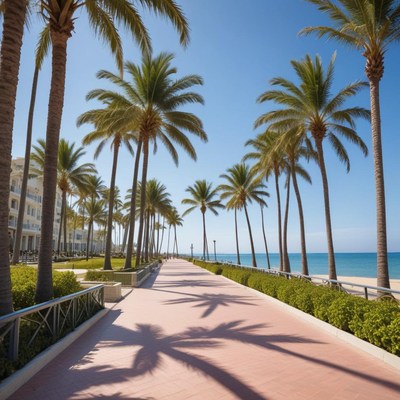 Palm tree-lined path along a sunny beachfront promenade