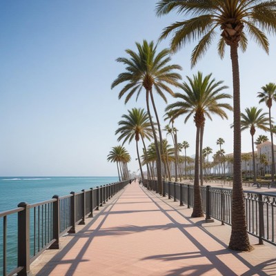 Palm trees lining a waterfront pathway near the sea