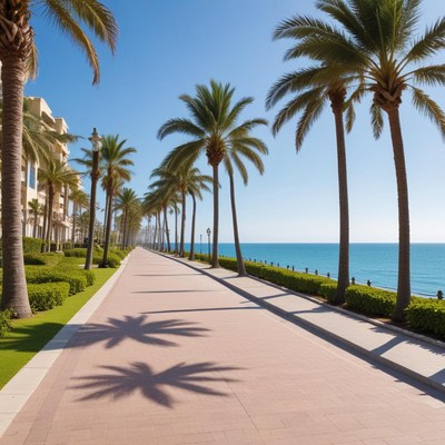 Palm-lined walkway by the sea on a sunny day