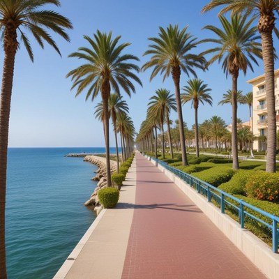 Scenic waterfront promenade with palm trees by the beach