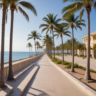 Palm trees lining a sunny coastal walkway