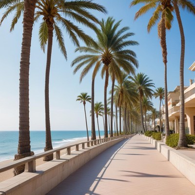Strolling along a palm-lined coastal promenade by the sea