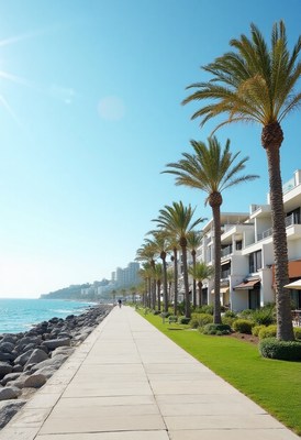 Scenic palm-lined walkway by the sunny seaside