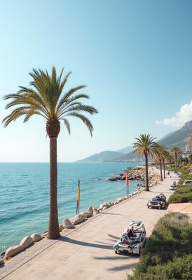 Coastal drive along a palm-lined path by the sea