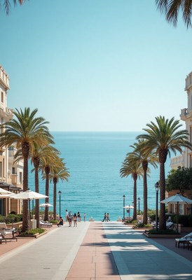 Walkway lined with palms leading to the ocean