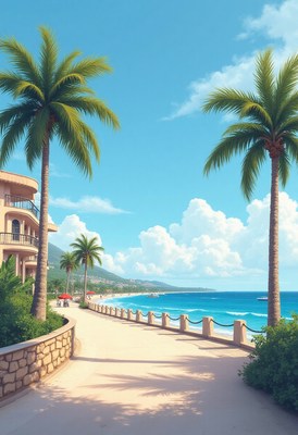 Beautiful coastal pathway lined with palm trees