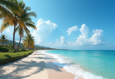 Serene beach with palm trees under a clear blue sky