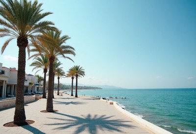 Coastal walkway lined with palm trees by the sea