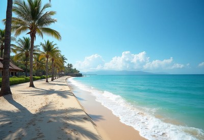 Sunny beach with palm trees and clear blue water