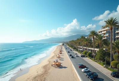 Coastal view with palm trees and sandy beach at midday