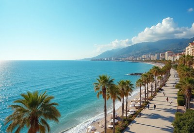 Coastal promenade with palm trees and clear blue water