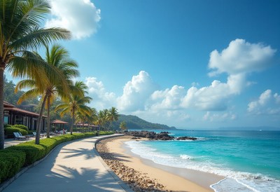 Beautiful beach with palm trees and clear blue water