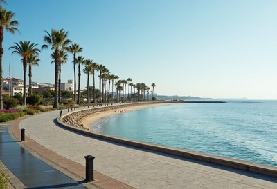 Coastal promenade with palm trees on a sunny day