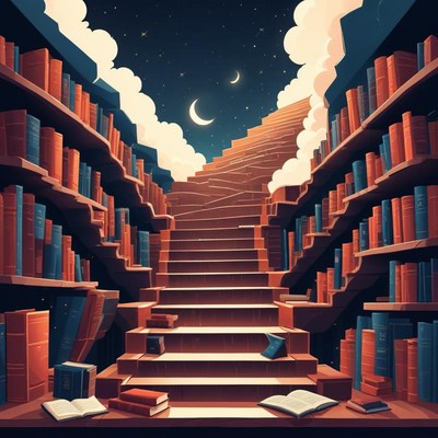 Stairway to books in a dreamy library