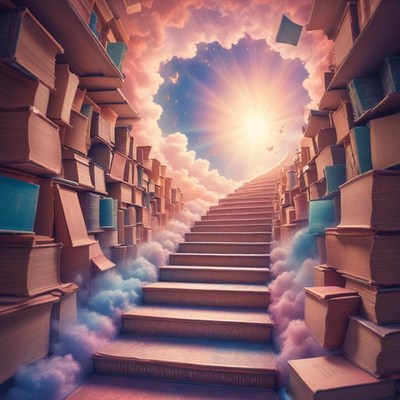 Stairs leading to a dreamy library in a clouded sky