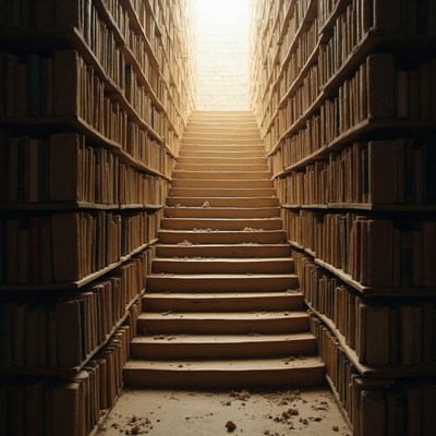Staircase leads upward through a library of books