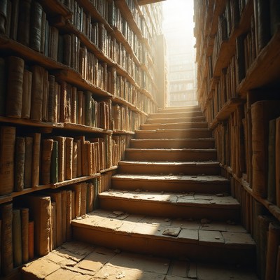Stairs leading through an ancient library filled with books