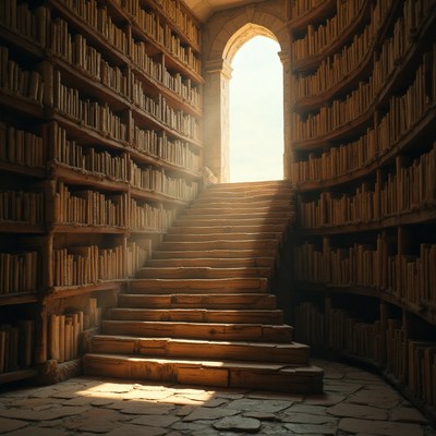 Enchanted library with sunlight illuminating stairs
