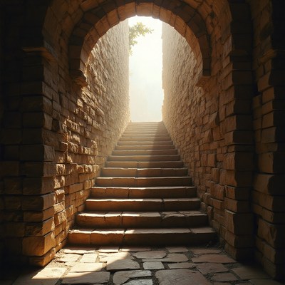 Warm sunlight illuminates ancient stone steps at dawn