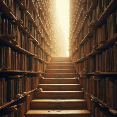 Steps leading through a vast library with warm light