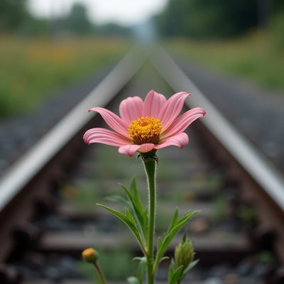 Flower blooms between railroad tracks in summer sunlight