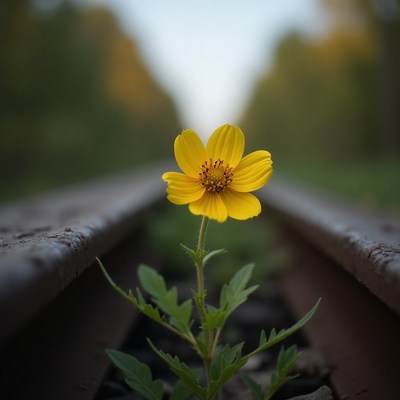 Yellow flower growing between railway tracks in nature