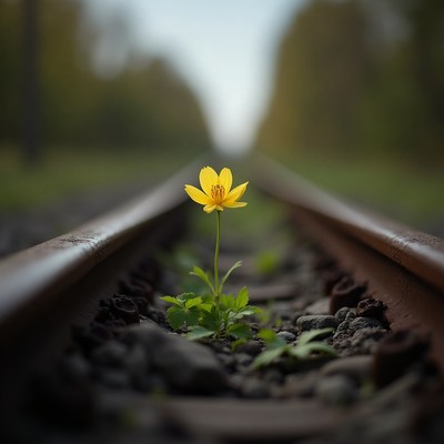 Flower growing between railway tracks in a forest setting