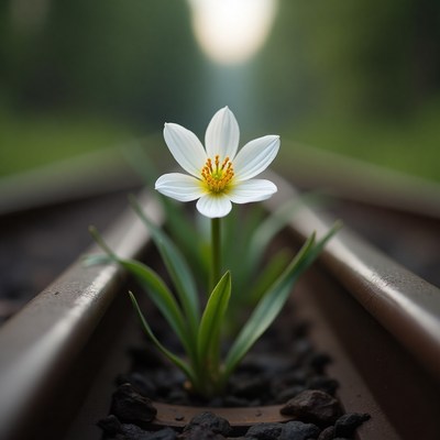 Flower blooms between train tracks in the afternoon light