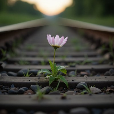 Flower grows between railway tracks in a serene setting