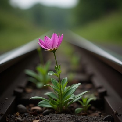 Flower growing beside railway tracks in a quiet setting