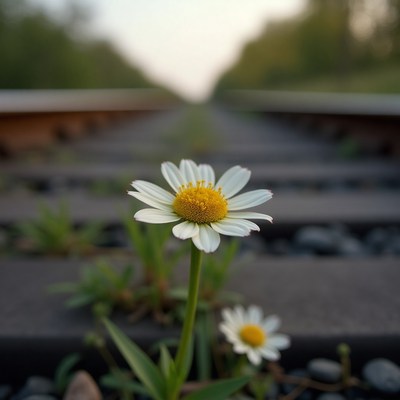 Flower growing beside railway tracks in soft sunlight
