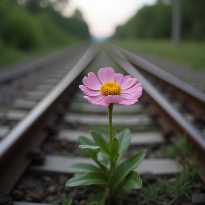 Flower grows resiliently beside railway tracks