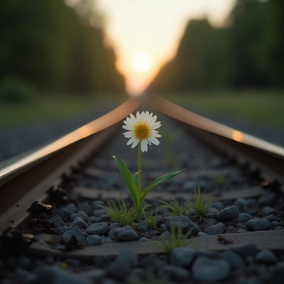 Flower grows resiliently along the railway tracks at sunset
