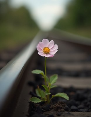 Blooming flower stands strong beside railway tracks