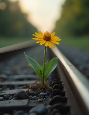 Bright yellow flower growing beside railway tracks