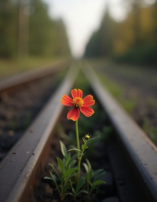 Flower grows between railway tracks in serene setting