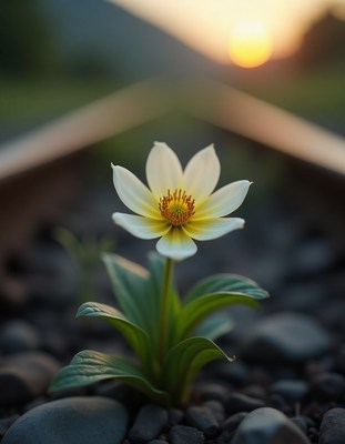 Flower grows on railway track at sunset in nature