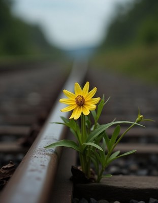 Yellow flower growing beside railway tracks in nature