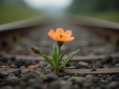 Flower growing between railway tracks in quiet environment